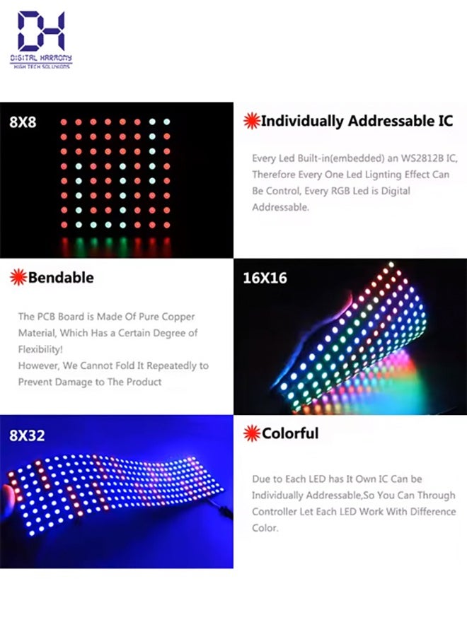WS2812B RGB LED Digital Flexible Single Addressable WS2812 4X12 8X8 16X16 8X32 Matrix Display Module 5V