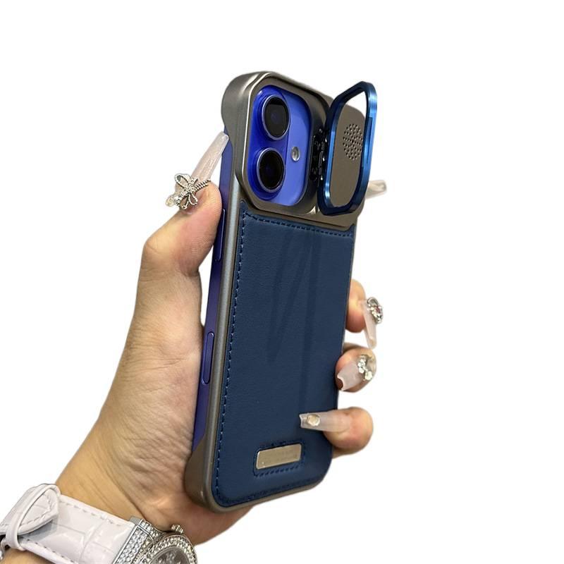 iPhone 16 Plus Leather Protective Texture for iPhone 16 16 Plus 16 Pro 16 Pro Max with Kickstand and Leather Texture in Blue - Image 1