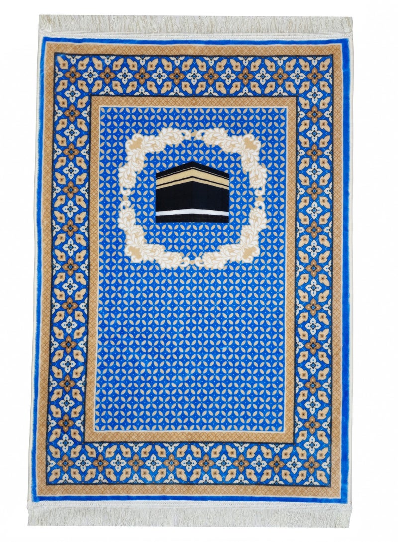 Fabienne Ultra Plush Silky Prayer Mat 70×110cm Premium Printed Islamic Sajadah Soft with Non-Slip Silicon Base Lightweight Portable Musalla for Gift Ramadan Eid Hajj & Umrah Blue/Beige - Image 1