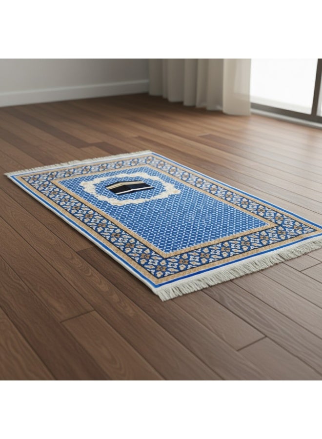 Fabienne Ultra Plush Silky Prayer Mat 70×110cm Premium Printed Islamic Sajadah Soft with Non-Slip Silicon Base Lightweight Portable Musalla for Gift Ramadan Eid Hajj & Umrah Blue/Beige - Image 2