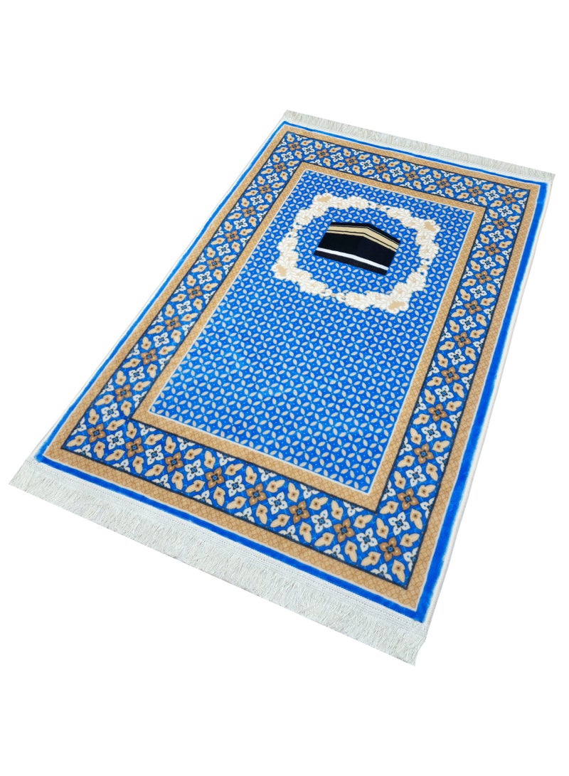 Fabienne Ultra Plush Silky Prayer Mat 70×110cm Premium Printed Islamic Sajadah Soft with Non-Slip Silicon Base Lightweight Portable Musalla for Gift Ramadan Eid Hajj & Umrah Blue/Beige - Image 3