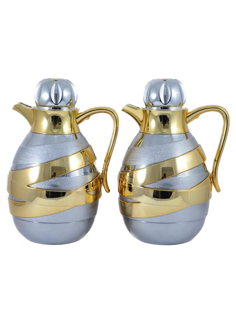 Homemaker 2-Piece Tea & Coffee Flask - 1 Liter & 1 Liter Capacity - Glass Inner - ABS Body - Silver & Gold - Image 1