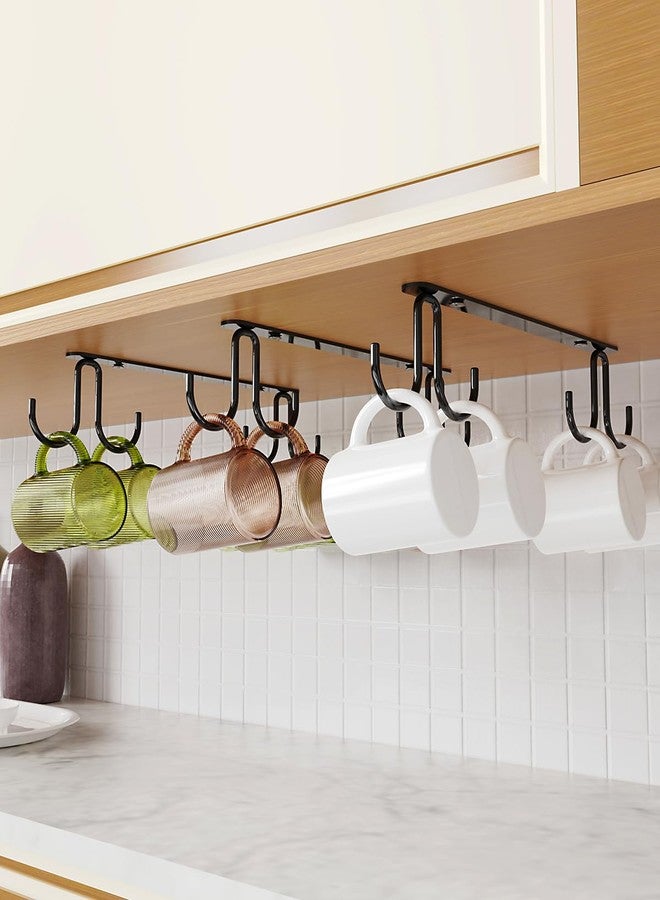 Luckinow Mug Hooks Under Cabinet 3 Pack, Metal Cup Hooks for Hanging Under Shelf, Mug Organizer Rack with 12 Hooks for Displaying Mugs, Coffee Cups and Kitchen Utensils, Black - Image 1