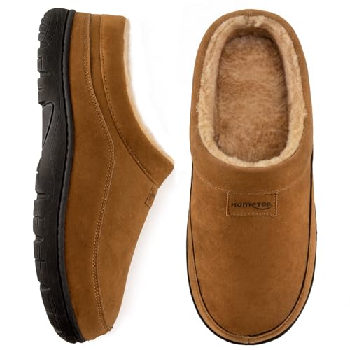 HomeTop Men's Moccasin Slippers Soft Warm Non-slip Memory Foam Indoor House Shoes with Fluffy Lining Chestnut, 11-12 US - Image 1