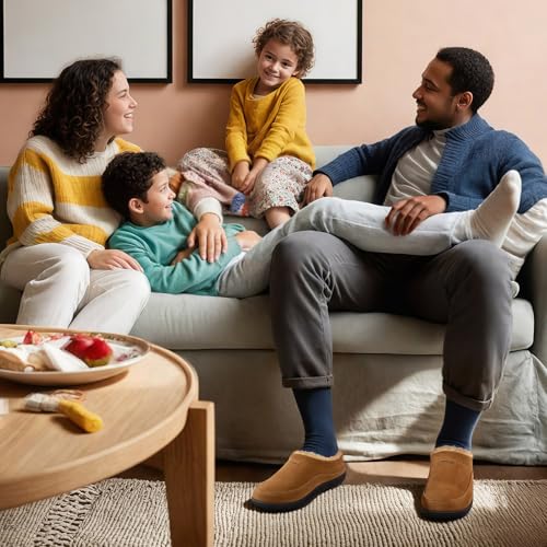 HomeTop Men's Moccasin Slippers Soft Warm Non-slip Memory Foam Indoor House Shoes with Fluffy Lining Chestnut, 11-12 US - Image 2