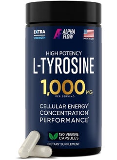 ALPHA FLOW L Tyrosine 1000Mg Capsules - All-Natural L- Tyrosine Supplement For Focus & Energy Boost - Non-Gmo & Gluten-Free - Vegan 150 Caps -500Mg X 2 Per Serving  - Image 1