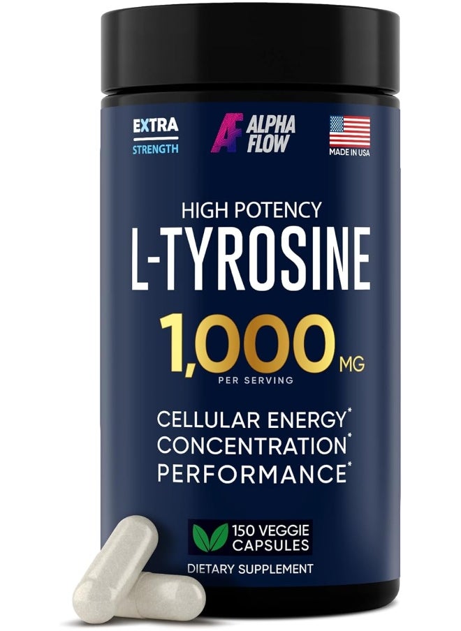 ALPHA FLOW L Tyrosine 1000Mg Capsules - All-Natural L- Tyrosine Supplement For Focus & Energy Boost - Non-Gmo & Gluten-Free - Vegan 150 Caps -500Mg X 2 Per Serving  - Image 1