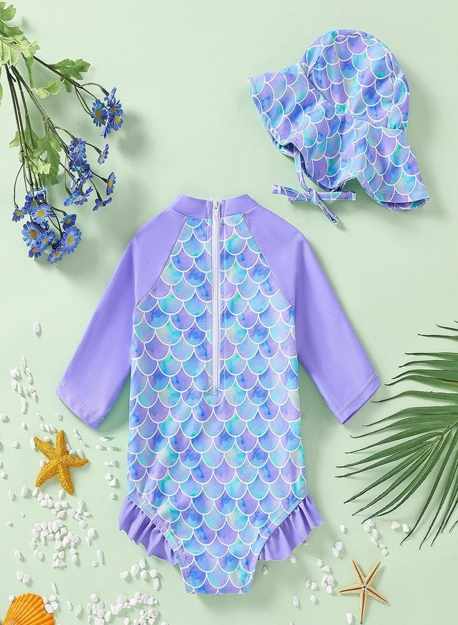 WOLBAY Baby Girl Swimsuit Long Sleeve One Piece Rash Guard with Sun Hat Zipper Bathing Suit Size 0-2T (US, Age, 6 Months, 12 Months, Purple) - Image 3