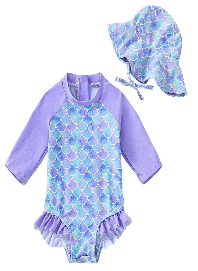 WOLBAY Baby Girl Swimsuit Long Sleeve One Piece Rash Guard with Sun Hat Zipper Bathing Suit Size 0-2T (US, Age, 6 Months, 12 Months, Purple) - Image 1