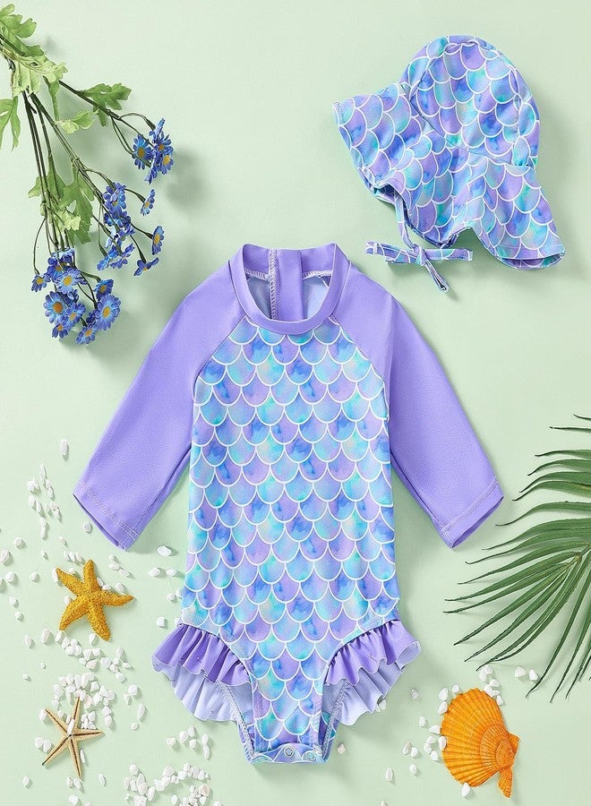 WOLBAY Baby Girl Swimsuit Long Sleeve One Piece Rash Guard with Sun Hat Zipper Bathing Suit Size 0-2T (US, Age, 6 Months, 12 Months, Purple) - Image 2