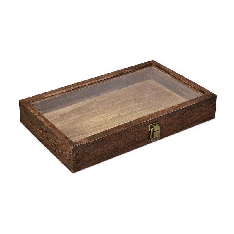 MOOCA Natural Wood Tempered Glass Top Jewelry Display Case Accessories Storage Box with Metal Clasp Wooden Jewelry Tray for Collectibles Pocket Knife Display Case Brown