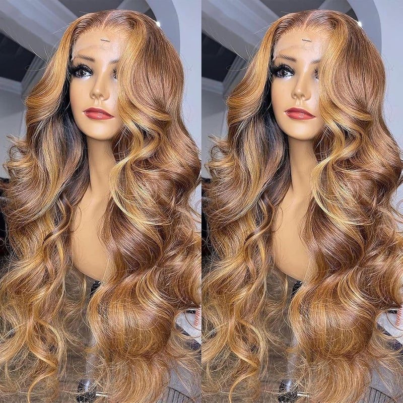 ANDRIA Highlight Brown Lace Front Wig Loose Wave Wigs with Baby Hair Dark Roots Ombre Brown Wig Glueless Lace Wigs Long Body Wave Wig Synthetic Heat Resistant Fiber Colorful Wig for Black Women 24