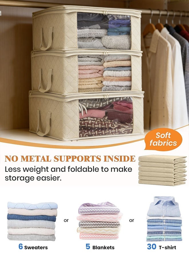 90 L Large Storage Bags, 3 Pack Clothes Storage Bins Foldable Closet Organizers Storage Containers with Reinforced Handle for Clothing, Blanket, Comforters, Bed Sheets, Pillows and Toys (Beige) - Image 1
