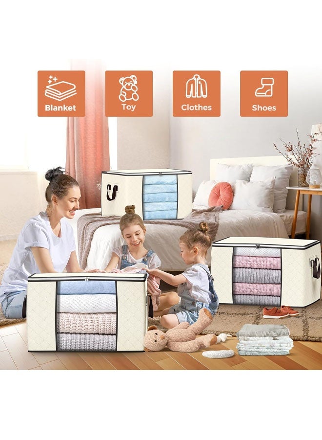 90 L Large Storage Bags, 3 Pack Clothes Storage Bins Foldable Closet Organizers Storage Containers with Reinforced Handle for Clothing, Blanket, Comforters, Bed Sheets, Pillows and Toys (Beige) - Image 4