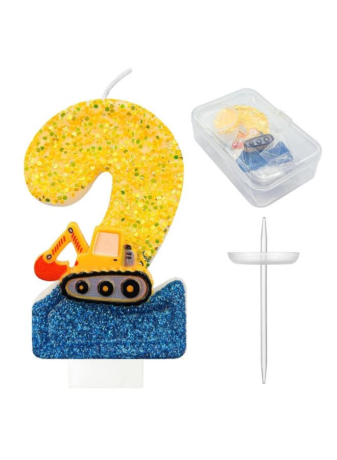 شموع عيد ميلاد على شكل حفارة، أرقام؟ شموع عيد ميلاد على شكل رقم ٢؟ ديكورات حفلات بناء صفراء وزرقاء، ديكورات عيد ميلاد على شكل حفارة للاحتفال بالحفلات - Image 1