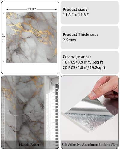 WADILE 20pcs Waterproof Peel and Stick Marble Wall Tiles, 11.8"x11.8" Self-Adhesive PVC Panels for Bathroom, Kitchen, and Living Room Gold (Not Real Tile) - Image 2