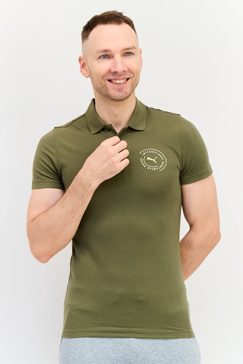 PUMA تي شيرت بولو رياضي للرجال بأكمام قصيرة، خارجي، زيتوني داكن - Image 1