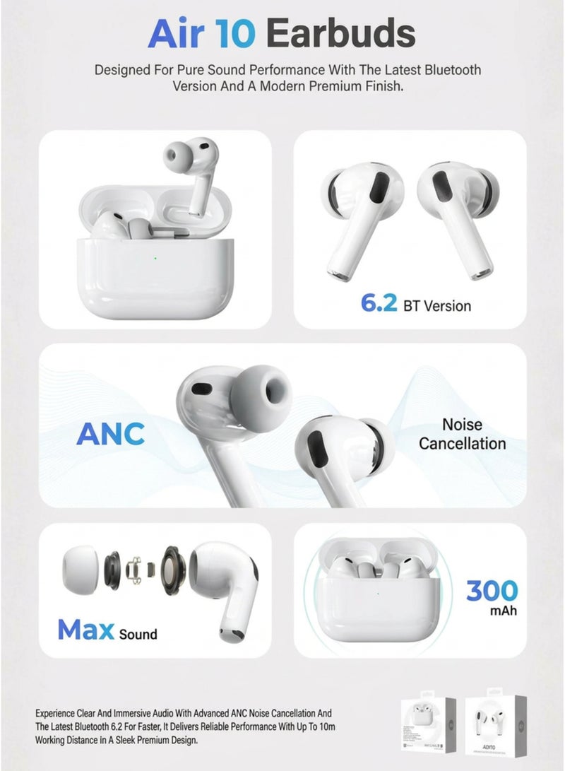 G-TAB AIR 10 Wireless Bluetooth Earbuds – Active Noise Cancellation (ANC), Waterproof Design, Smart Touch Controls, Extra Eartips, 20-Hour Battery Standby, Compatible with iPhone, Samsung & All Bluetooth Devices - Image 4
