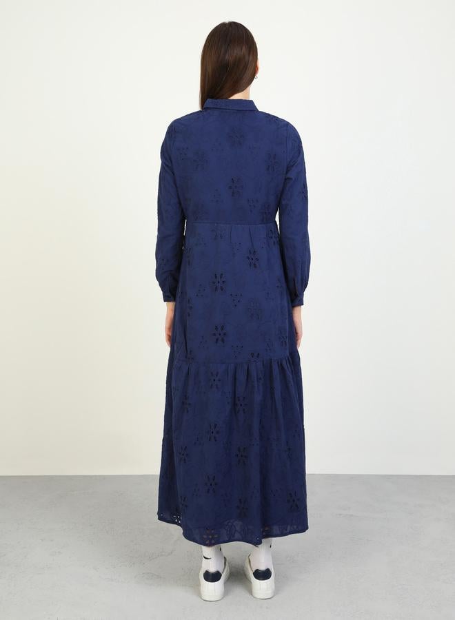 Benin by modanisa Navy Blue Embroidered Eyelet Maxi Dress - Image 4