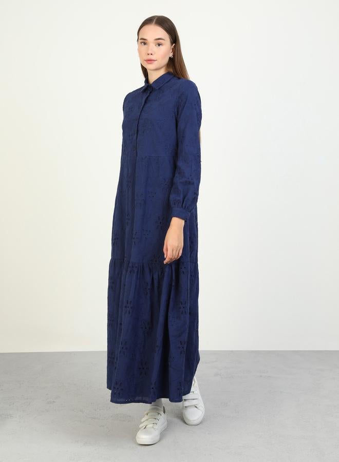 Benin by modanisa Navy Blue Embroidered Eyelet Maxi Dress - Image 5