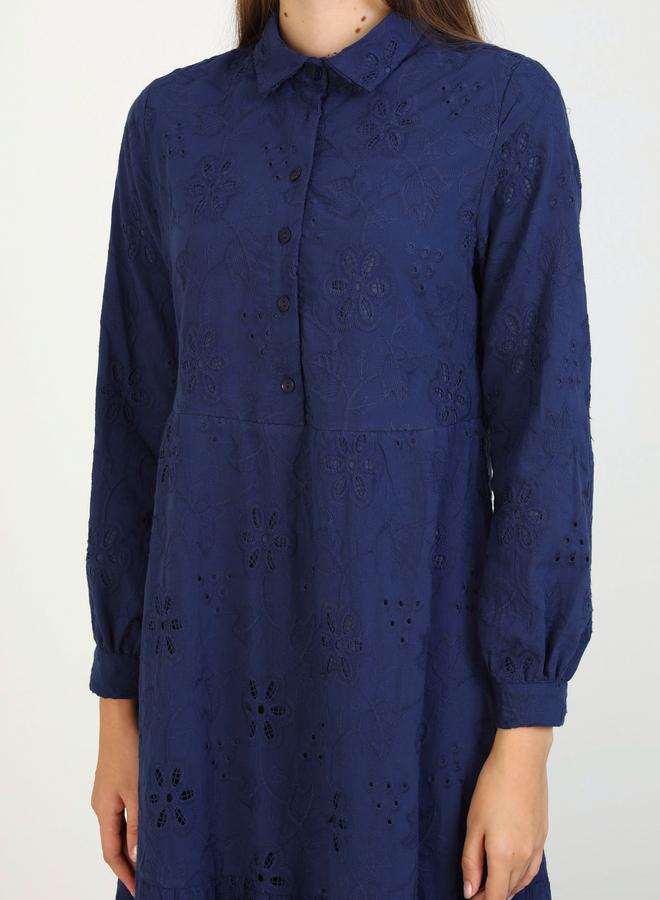 Benin by modanisa Navy Blue Embroidered Eyelet Maxi Dress - Image 3