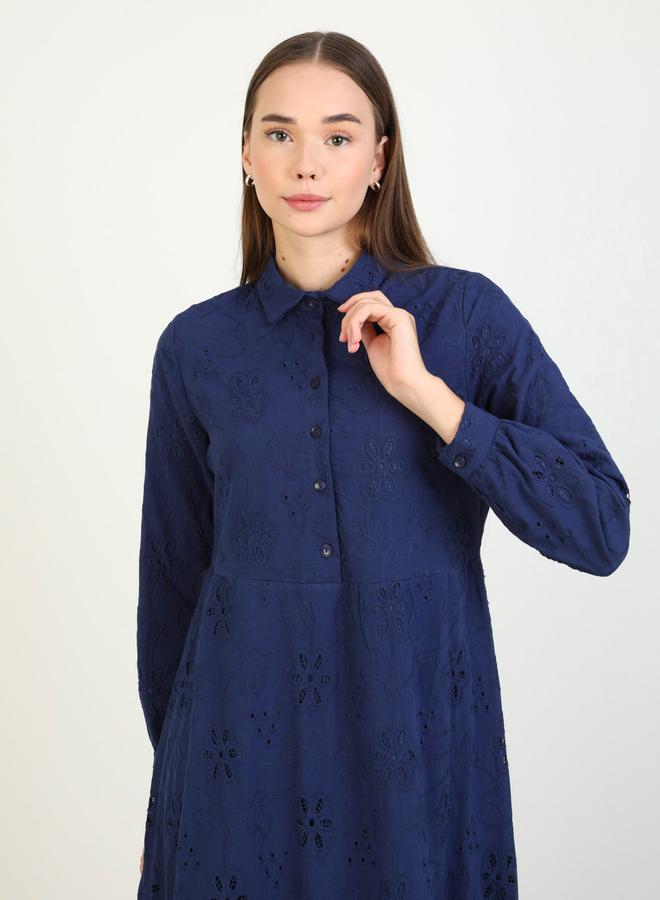 Benin by modanisa Navy Blue Embroidered Eyelet Maxi Dress - Image 2