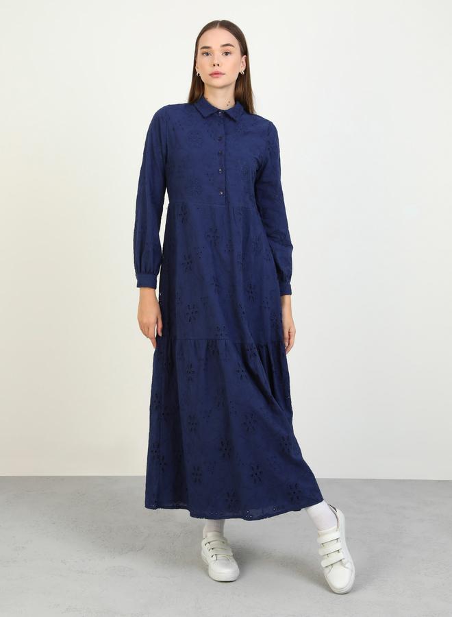 Benin by modanisa Navy Blue Embroidered Eyelet Maxi Dress - Image 1