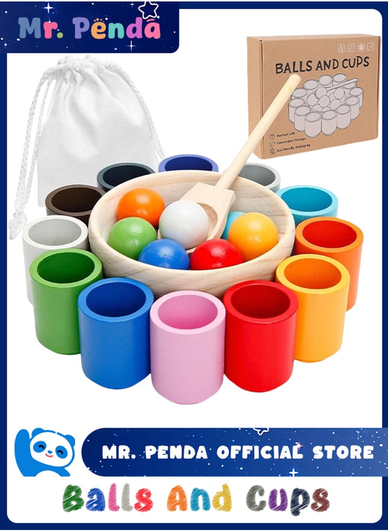 Mr. Penda 12 Balls Colour Sorting Toys for Toddlers, Balls in Cups Montessori Wooden Toy, Wooden Sorter Game, Wood Sensory Puzzle Toys Matching Game with Sorting Bowls for Kids Counting  - Image 1