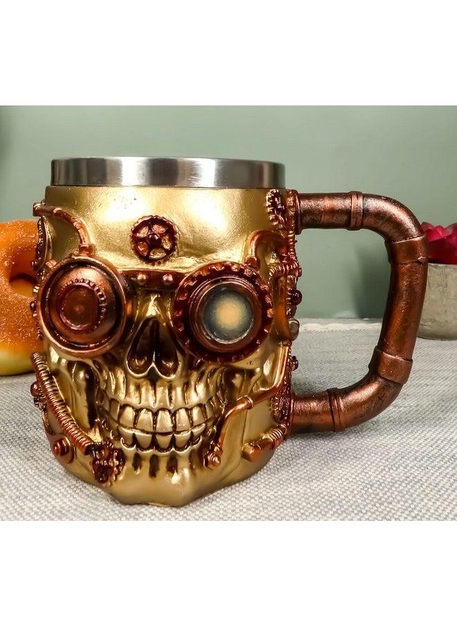 Ebros Gift - Golden Steampunk Detective Skull Coffee Mug With Painted Mechanical Gearwork Red Pipeline Design Beer Stein Tankard Drink Cup 14Oz (Red Steampunk Skull) - Image 1