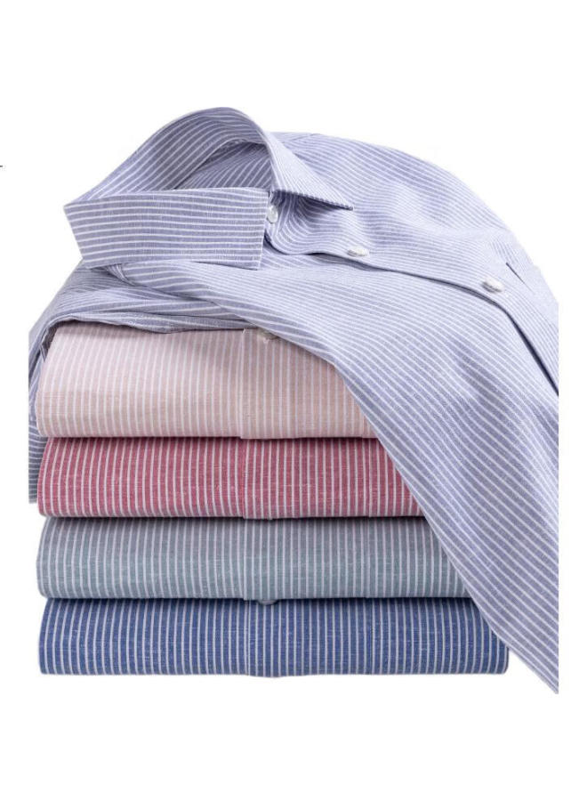 Firs Men'S Long Sleeve Shirt With Linen And Lyocell Blend, Business Casual Striped Shirt For Young And Middle-Aged, Brown, Size 40 - Image 2