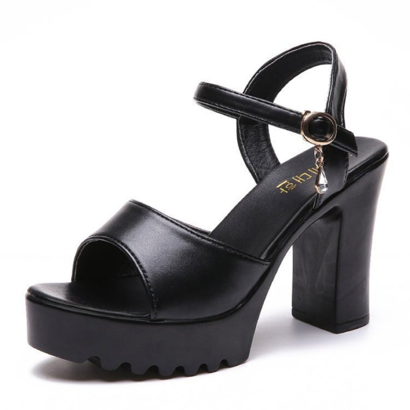 High heel thick heel thick sole waterproof table one-word buckle with fish mouth muffin shoes - Image 1