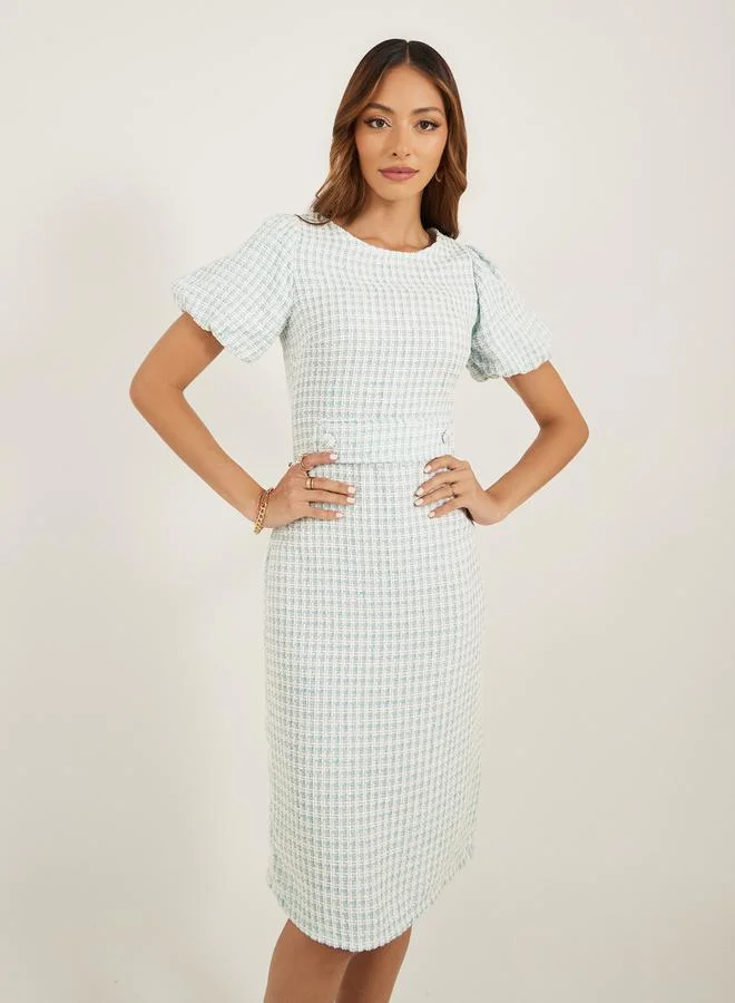 Styli Styli Tweed Puff Sleeves Sheath Knee-Length Dress