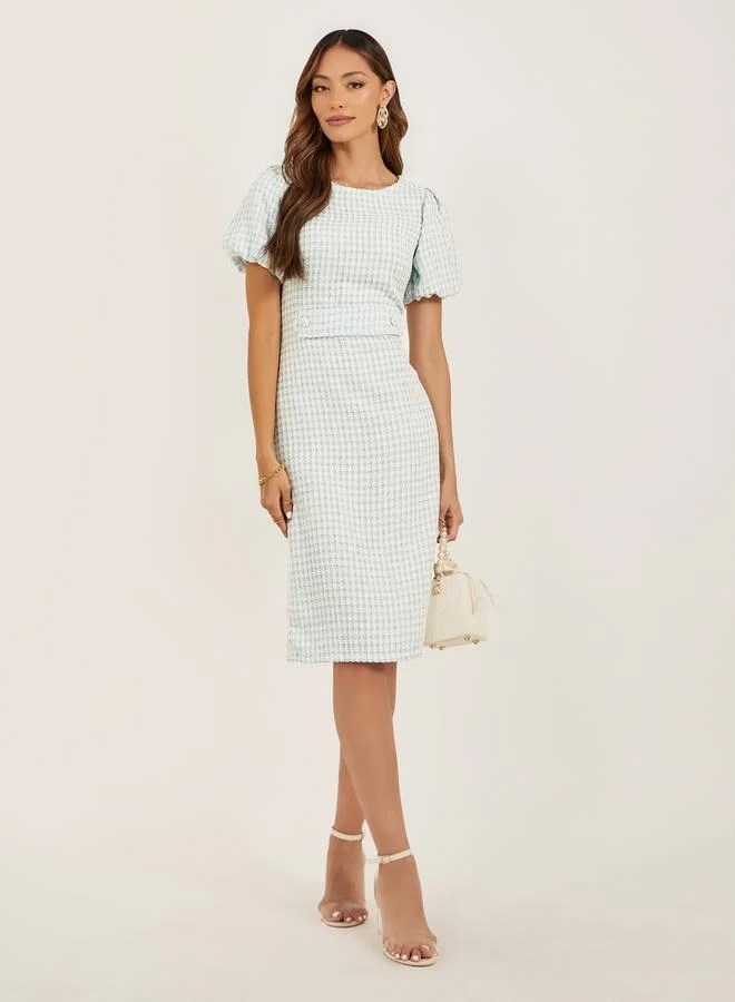Styli Styli Tweed Puff Sleeves Sheath Knee-Length Dress