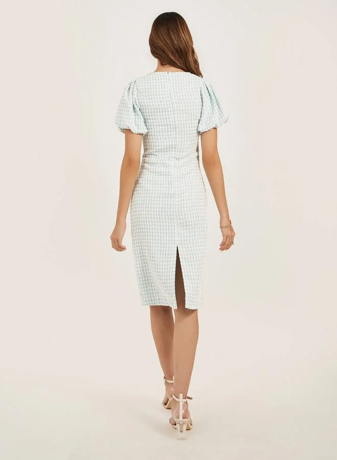 Styli Styli Tweed Puff Sleeves Sheath Knee-Length Dress