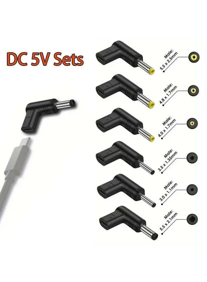 Black 6pcs USB C To DC Adapter Set 5V 3A 90 Degree Angled Charging Plug For Laptop Router - Image 1