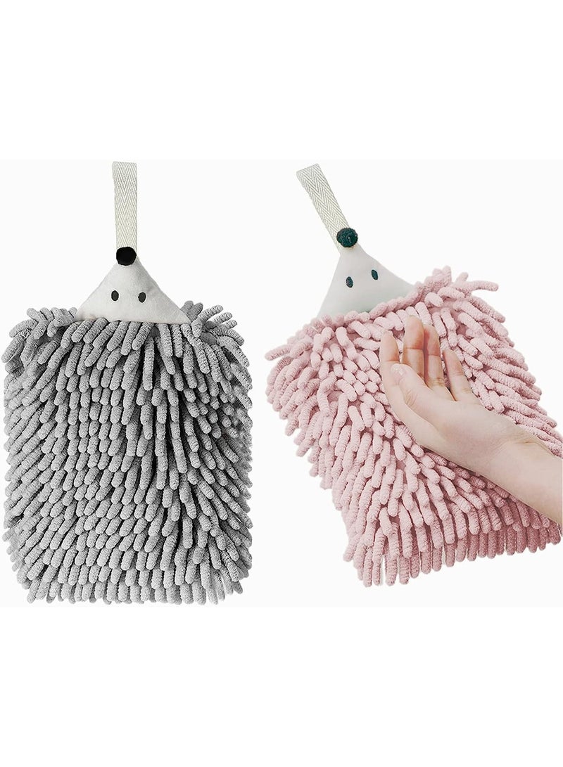 Chenille Hand Towels, Hanging Hand Drying Towel with on Loop, Funny Hedgehog Hand Towel, for Bathroom, Kitchen and Bedroom, 2 Packs - Image 1