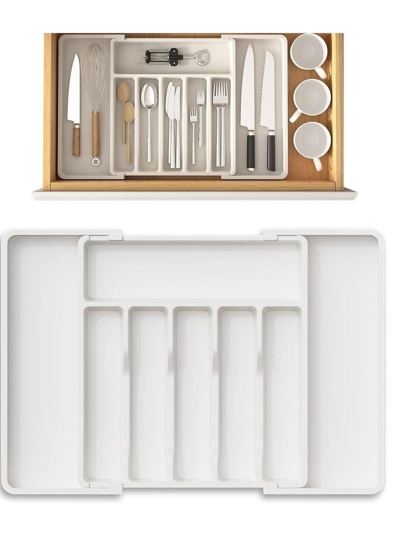 هابي هوم منظم أدوات المائدة للأدراج، صينية أدوات مطبخ قابلة للتوسيع، حامل أدوات مائدة وشوك وسكاكين خالٍ من مادة BPA، منظم تخزين بلاستيكي قابل للتعديل للملاعق والشوك والسكاكين، كبير الحجم، يمكن تمديد الصينية لترتيب أدوات المائدة ويمكن طيها لتوفير المساحة، أبيض، 33-57*38*5 سم - Image 1