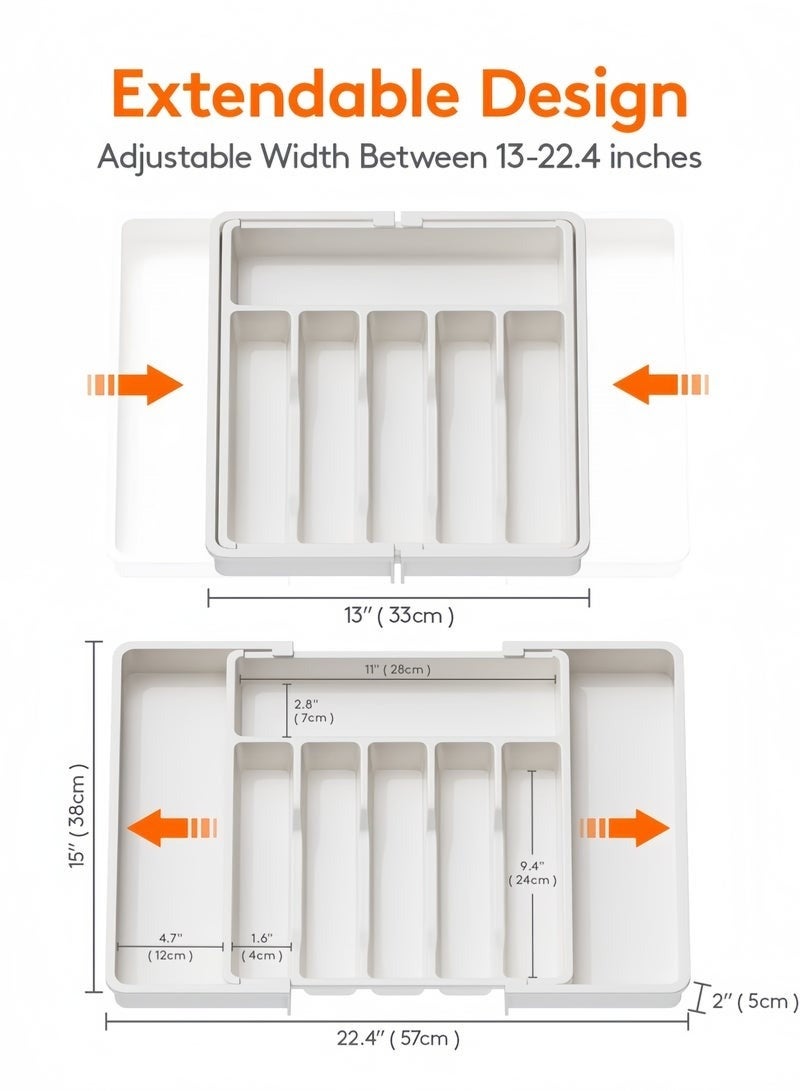 هابي هوم منظم أدوات المائدة للأدراج، صينية أدوات مطبخ قابلة للتوسيع، حامل أدوات مائدة وشوك وسكاكين خالٍ من مادة BPA، منظم تخزين بلاستيكي قابل للتعديل للملاعق والشوك والسكاكين، كبير الحجم، يمكن تمديد الصينية لترتيب أدوات المائدة ويمكن طيها لتوفير المساحة، أبيض، 33-57*38*5 سم - Image 4