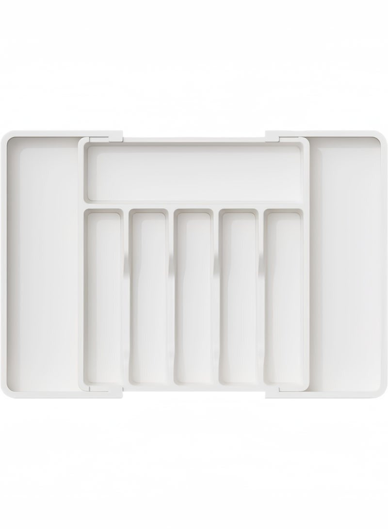 هابي هوم منظم أدوات المائدة للأدراج، صينية أدوات مطبخ قابلة للتوسيع، حامل أدوات مائدة وشوك وسكاكين خالٍ من مادة BPA، منظم تخزين بلاستيكي قابل للتعديل للملاعق والشوك والسكاكين، كبير الحجم، يمكن تمديد الصينية لترتيب أدوات المائدة ويمكن طيها لتوفير المساحة، أبيض، 33-57*38*5 سم - Image 2