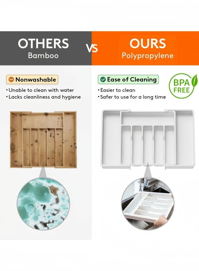 هابي هوم منظم أدوات المائدة للأدراج، صينية أدوات مطبخ قابلة للتوسيع، حامل أدوات مائدة وشوك وسكاكين خالٍ من مادة BPA، منظم تخزين بلاستيكي قابل للتعديل للملاعق والشوك والسكاكين، كبير الحجم، يمكن تمديد الصينية لترتيب أدوات المائدة ويمكن طيها لتوفير المساحة، أبيض، 33-57*38*5 سم - Image 5