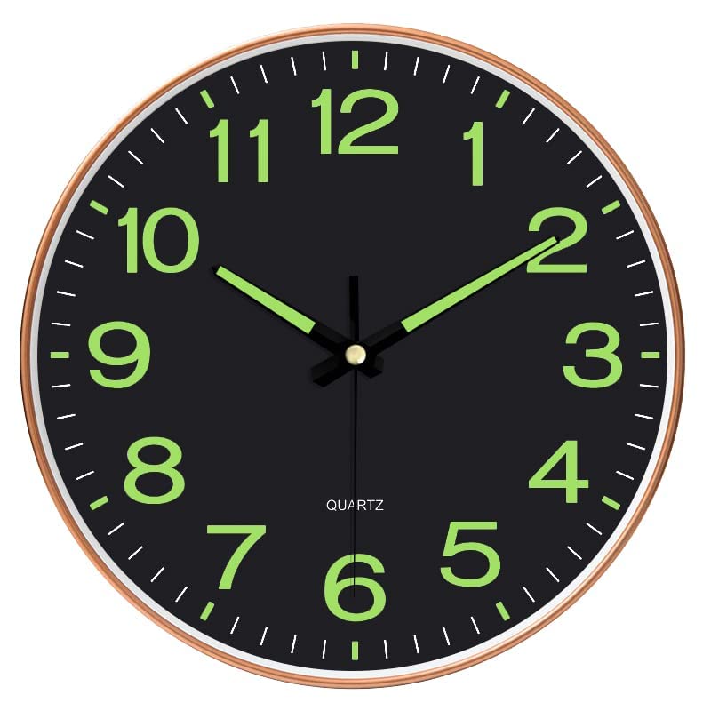 WHISKET Glass Wall Clock, Modern Small Wall Clocks Battery Operated 12 Inch, Silent Non-Ticking Analog Classic For Office, Home, Bathroom, Kitchen, Bedroom, School (Radium Black Clock) - Image 1