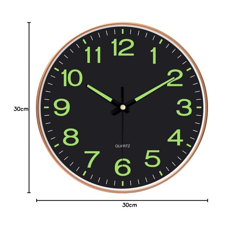 WHISKET Glass Wall Clock, Modern Small Wall Clocks Battery Operated 12 Inch, Silent Non-Ticking Analog Classic For Office, Home, Bathroom, Kitchen, Bedroom, School (Radium Black Clock) - Image 2