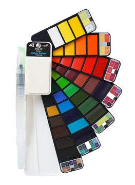 BRUSTRO BRUSTRO Artists Watercolour Travel Pan Set of 42 Colours | Foldable, Rich Pigment, Vibrant Colors, Ideal for Plein Air Painting, Professional Use, Fine Art Students (Includes Mixing Palette)  - Image 1