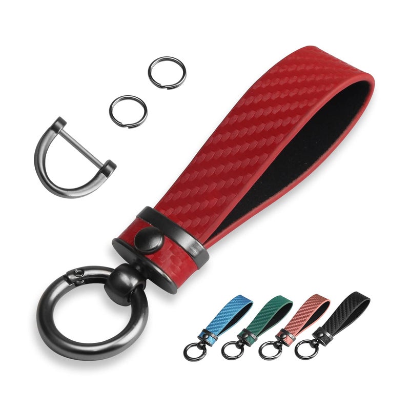 QBUC Carbon Fiber Style Car Key Chain Microfiber Leather Key Fob Keychains for Men Women with 360degree Rotatable Swivel AntiLost DRing 2 Keyrings Red