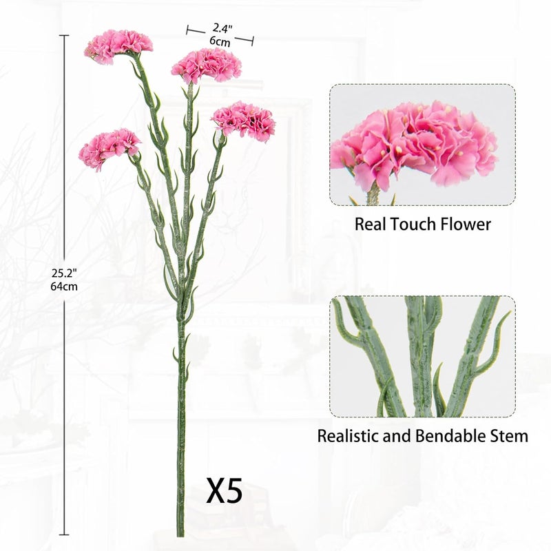 Briful 5PCS Statice Artificial Flowers Bouquets, 25'' Long Stems Carnation Fake Flowers Sprays, Real Touch Faux Silk Flowers for Mother's Day Home Farmhouse Wedding Vase Centerpieces Decor,Pink - Image 2