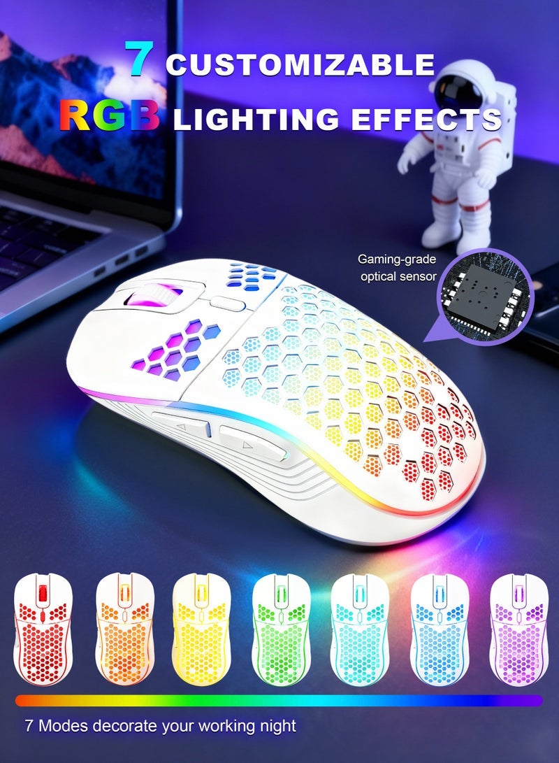Wireless Gaming Mouse,Bluetooth Gaming Mouse,Rechargeable Wireless Mouse with RGB Backlight 6-Button Adjustable Lightweight Honeycomb Shell for Laptop, PC, Computer (White) - Image 2