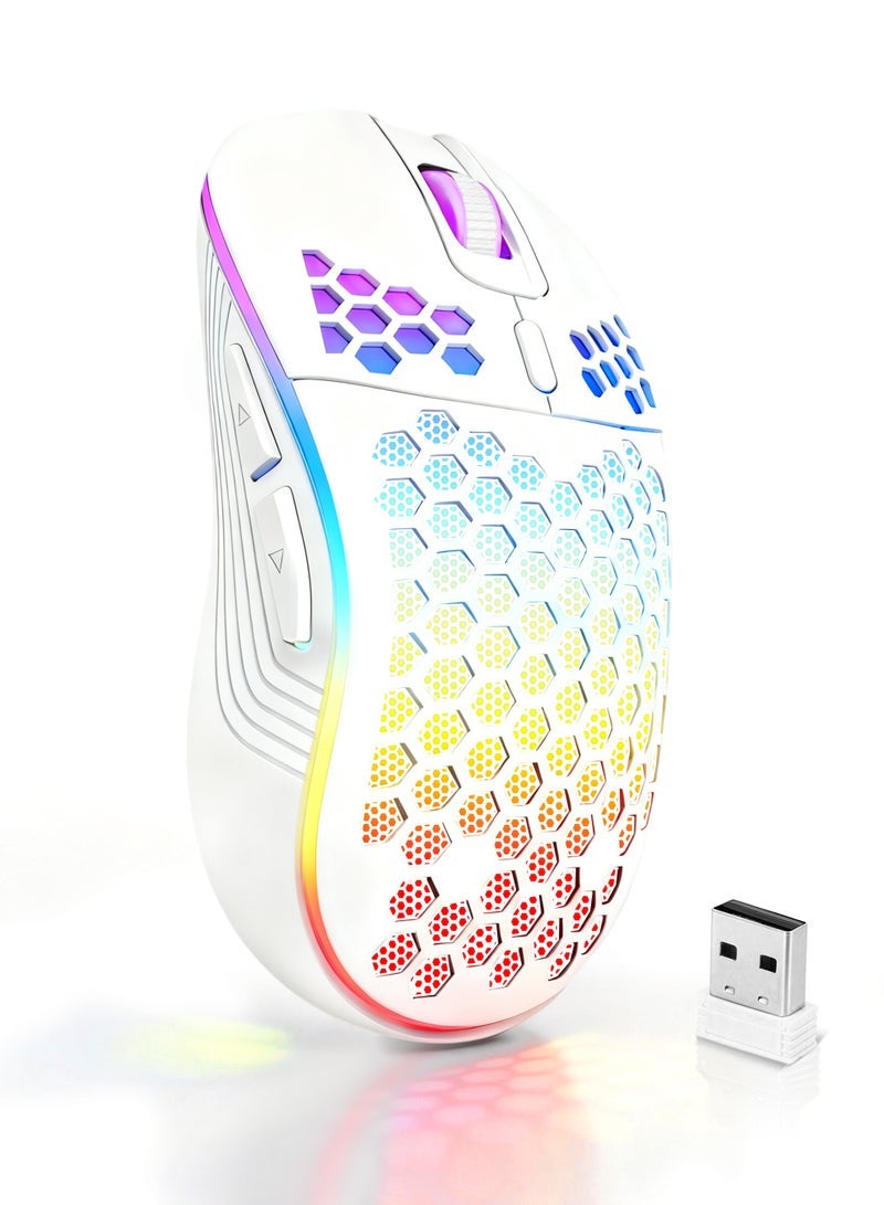 Wireless Gaming Mouse,Bluetooth Gaming Mouse,Rechargeable Wireless Mouse with RGB Backlight 6-Button Adjustable Lightweight Honeycomb Shell for Laptop, PC, Computer (White) - Image 1