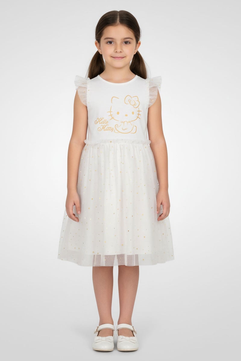 Hello Kitty Kids Girl Ruffle Sleeve Graphic Print Dress, White - Image 1