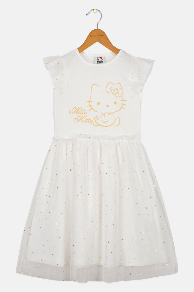 Hello Kitty Kids Girl Ruffle Sleeve Graphic Print Dress, White - Image 3