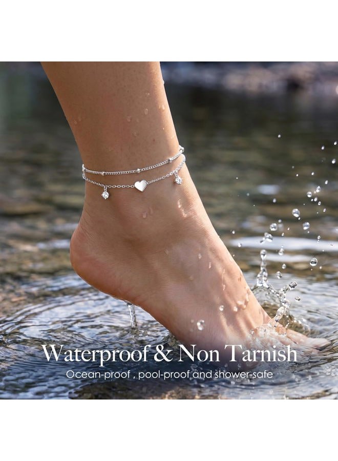 Poxtex Gold/Sterling Silver Anklet Bracelets for Women Waterproof, 925 Sterling Sliver Plated Heart Evileye Butterfly Charm Dainty Summer Beach Anklets for Women Trendy, Beach Vacation Jewelry for Her Mom - Image 3